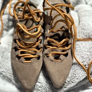Freebird Taupe Suede Lace-Up Flats Ballerina shoes
